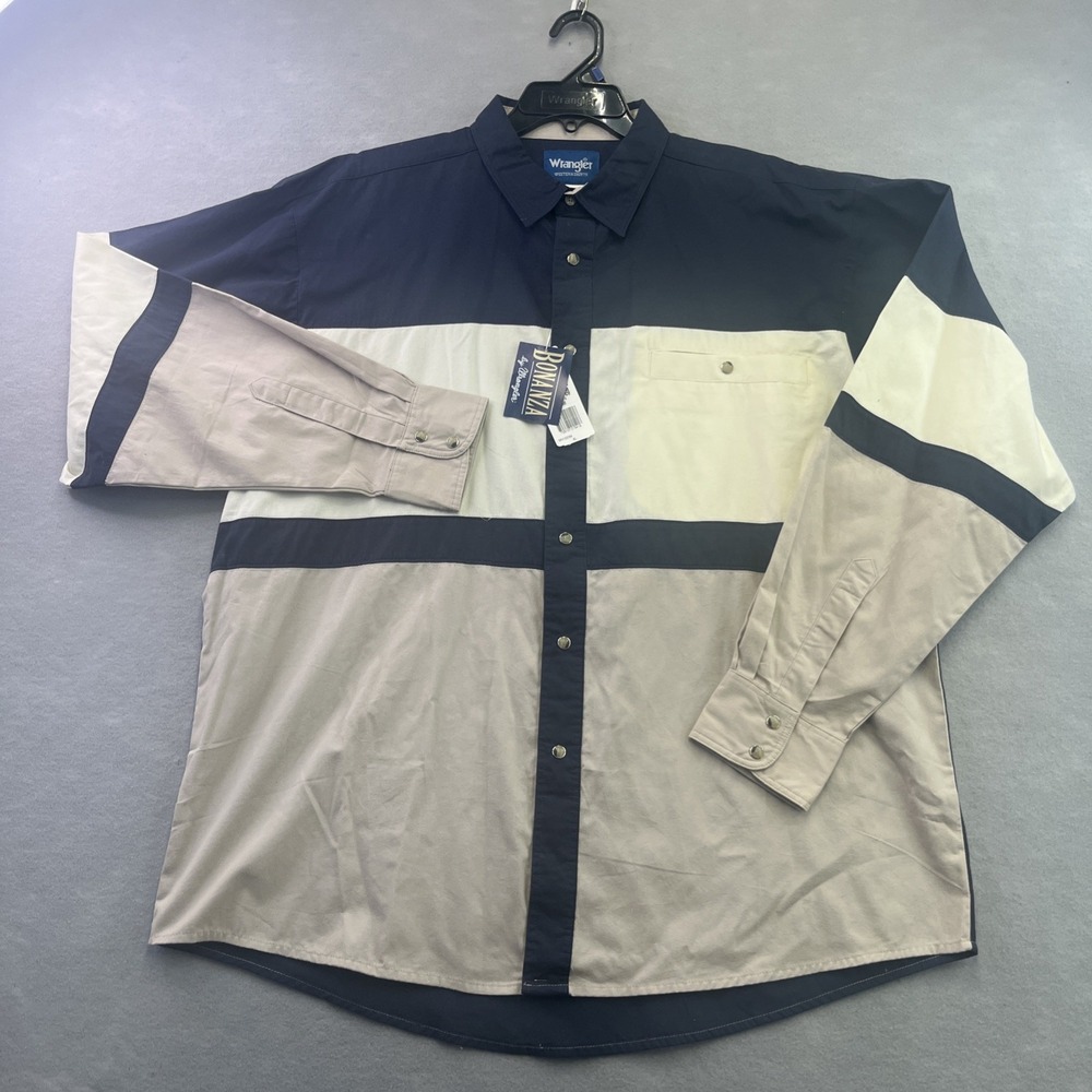 Wrangler Western Shirt Mens XL Pearl Snap Navy Blue Cream Colorblock 90s Read
